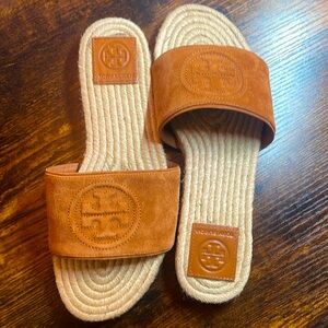 Tory Burch Benton Open Toe Espadrille Slides- suede brown/tan with box size 6.5